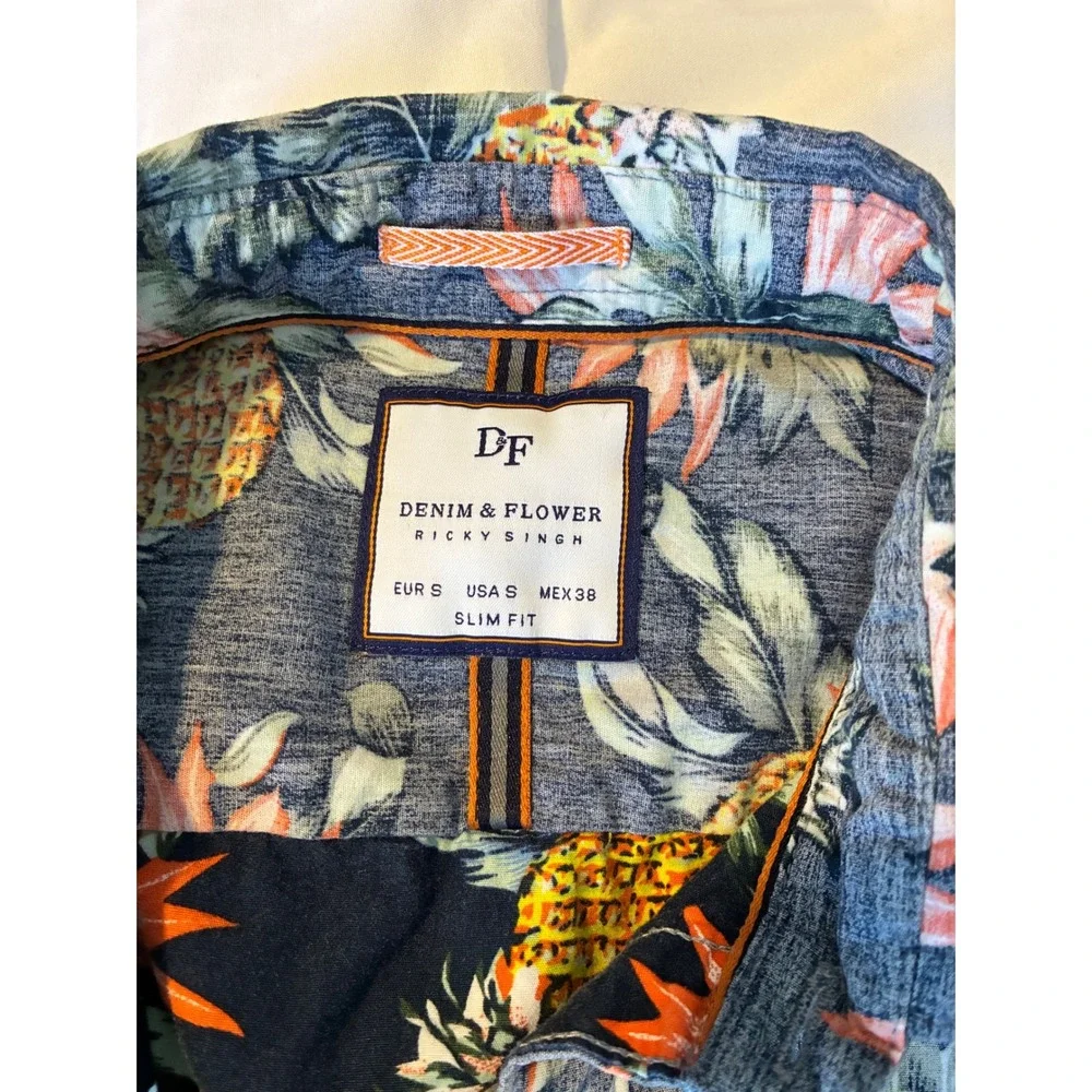 Denim & Flower Ricky Singh Pineapple Hawaiian Shirt Mens Slim Fit S Short Sleeve